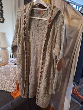 Long Sleeve Hooded Knit Cardigan With Faux Suede Details